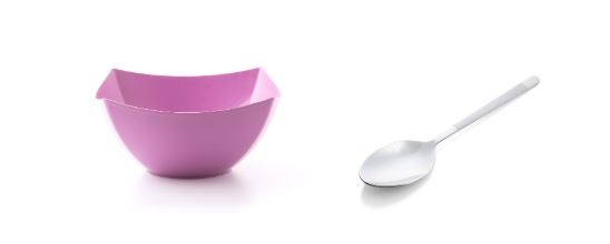 A plastic bowl and metal spoon