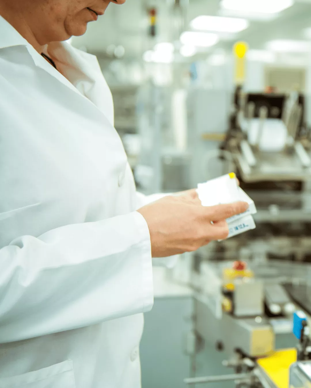 A pharmaceutical manufacturing employee in PPE inspecting a packaged product.